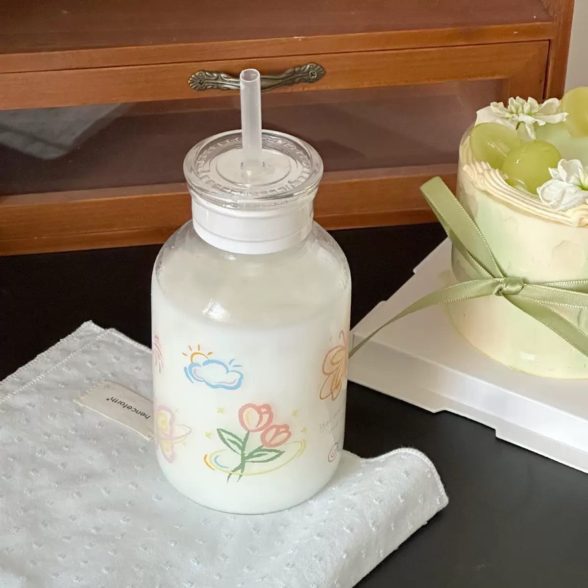 Colorful Butterfly Glass Straw Cup - 400ML