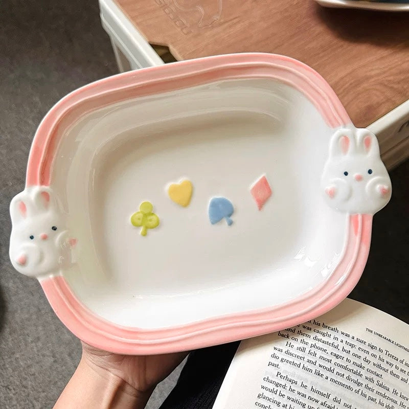 Hand-Painted Bunny Double-Handled Plates - Pastel Colors, Cute Rabbit Design