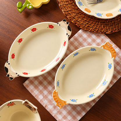 Cats & Flowers Ceramic Oval Dessert Plate with Handles, 8-Inch