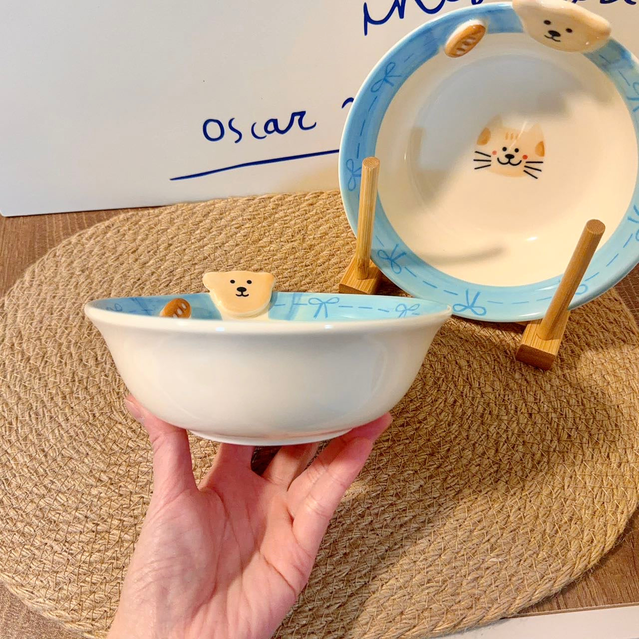 Hand-Painted Bow Bear Ceramic Soup Bowl - 600ML