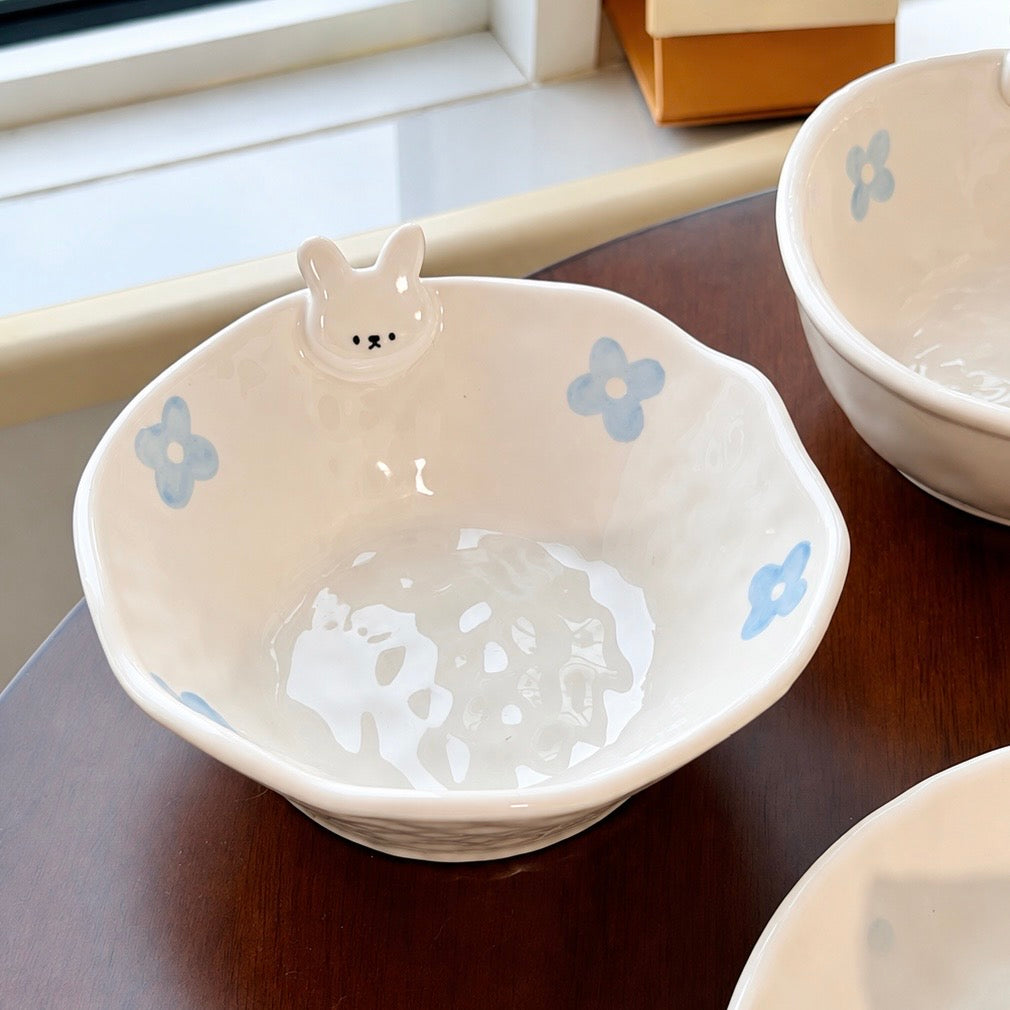 Hand-Painted Flower Bunny Ceramic Yogurt Bowl – 400ML