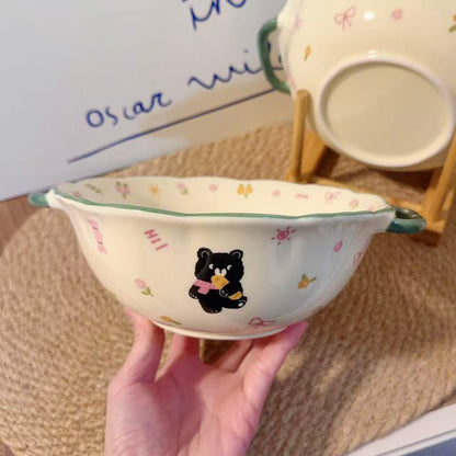 Floral Black Bear Ceramic Soup Bowl with Handles - 900ML