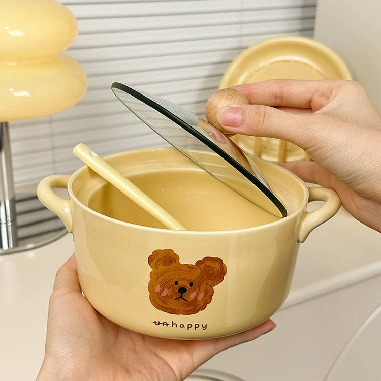 Emo Bear Ceramic Ramen Bowl - with Glass Lid and Ceramic Spoon, 730ml Capacity