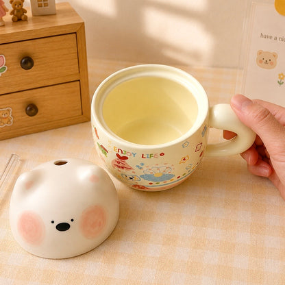 Chubby Bear Ceramic Mug with Bear Lid & Glass Straw – 350ML