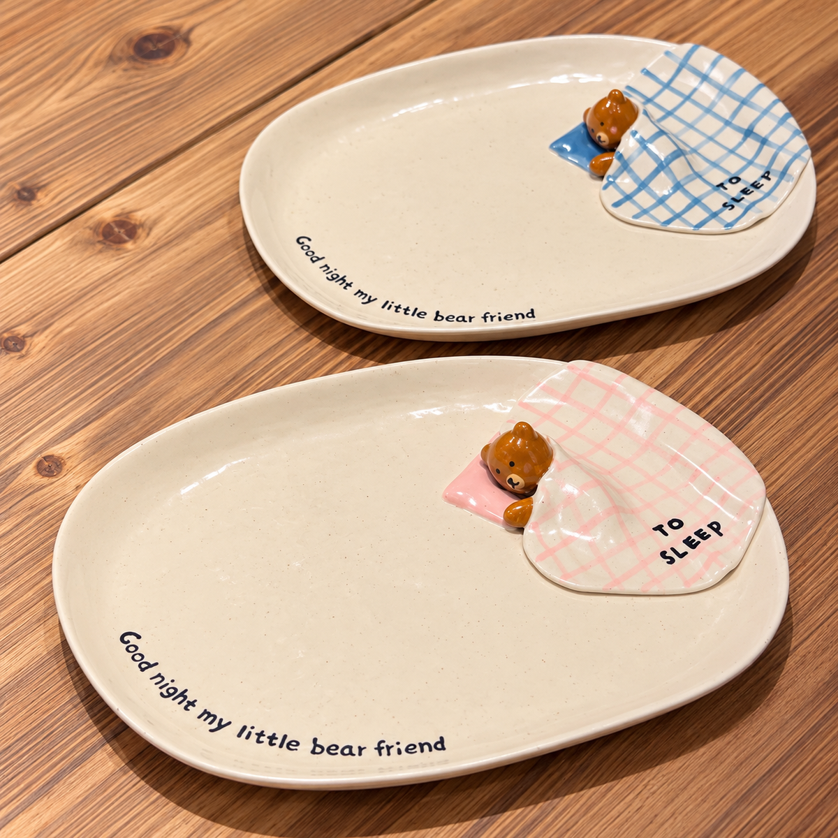 Goodnight Bear Hand-Painted Ceramic Oval Plate, 9.6-Inch
