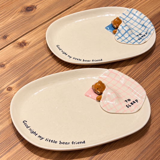 Goodnight Bear Hand-Painted Ceramic Oval Plate, 9.6-Inch