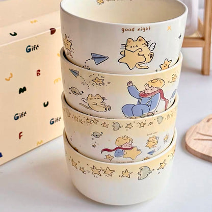 Star prince ceramic bowl set of 4 in cream gift box with alphabet pattern