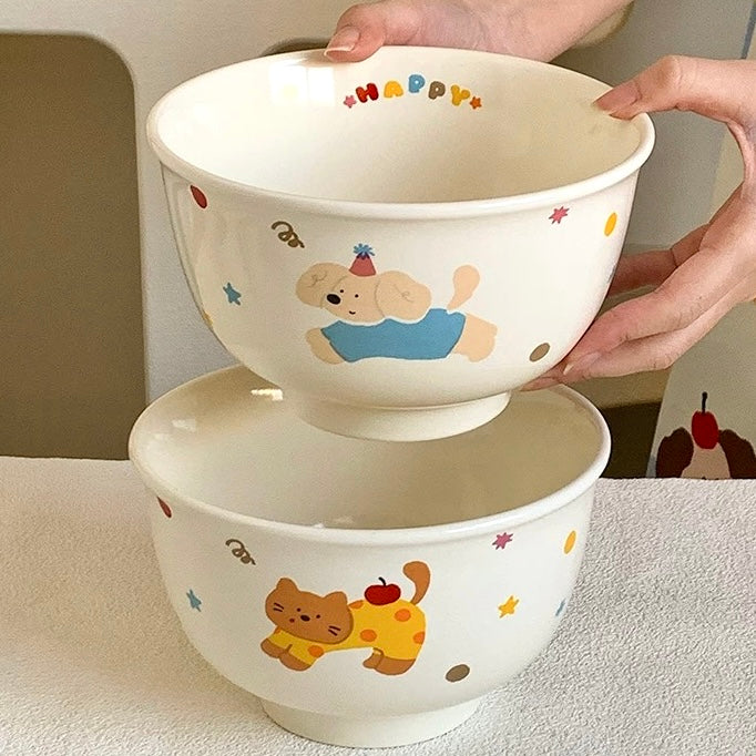 Cute Cat & Dog Ceramic Footed Noodle Bowl – 1000ML