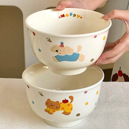 Cute Cat & Dog Ceramic Footed Noodle Bowl – 1000ML