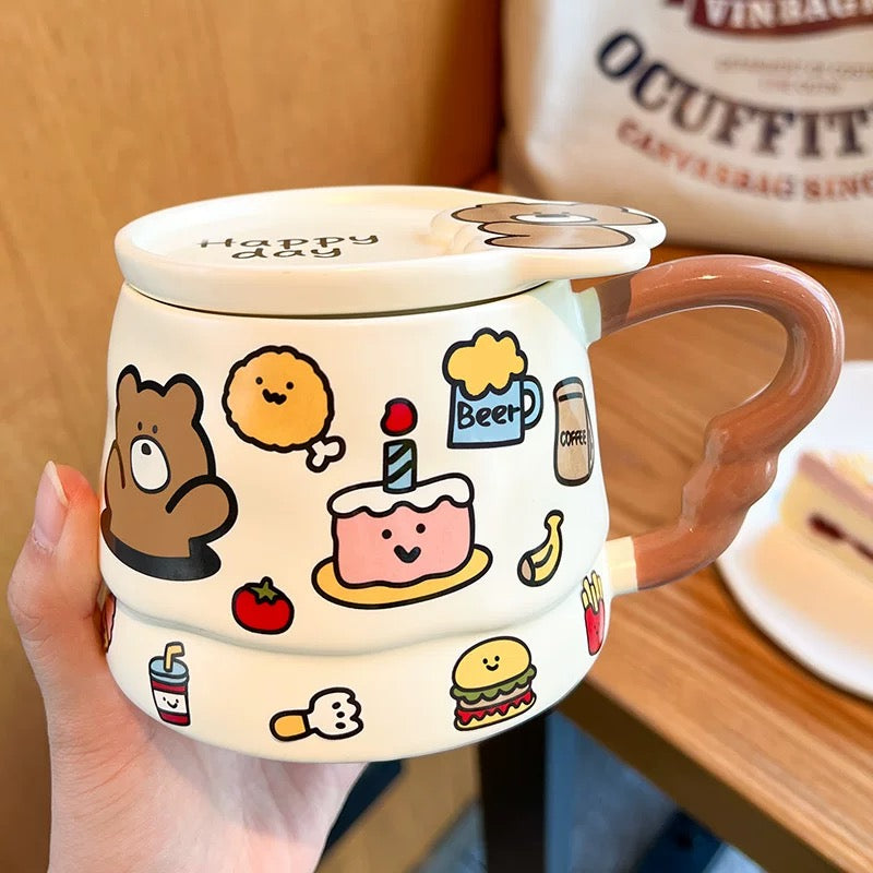 Doodle Animal Ceramic Mug with Lid – 400ML