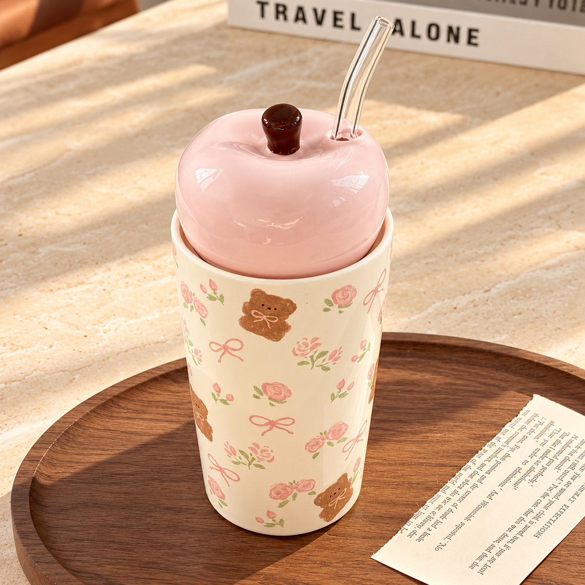 Floral Bear Ceramic Straw Cup with Lid – 450ML