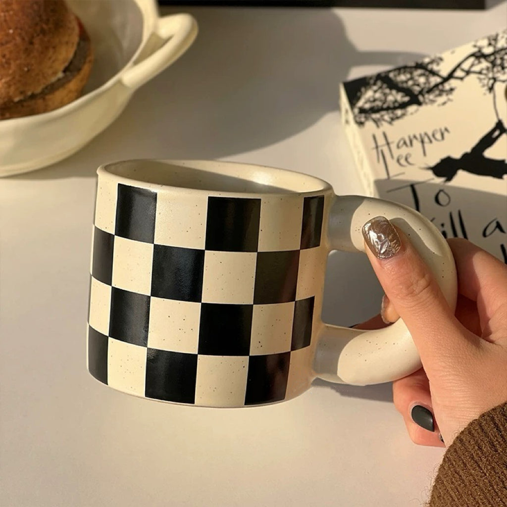 Checkerboard Ceramic Coffee Mug, 300ML Capacity