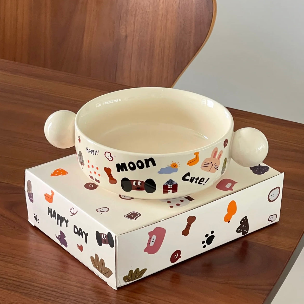 Moon Dog doodle round noodle bowl with cute ball handles and matching gift box