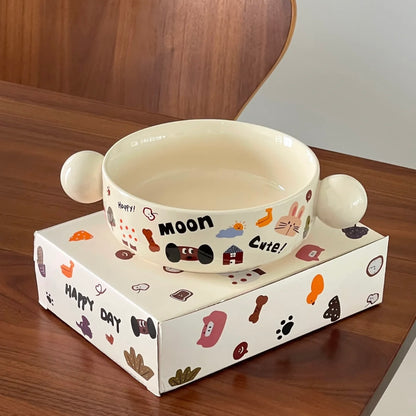 Moon Dog doodle round noodle bowl with cute ball handles and matching gift box