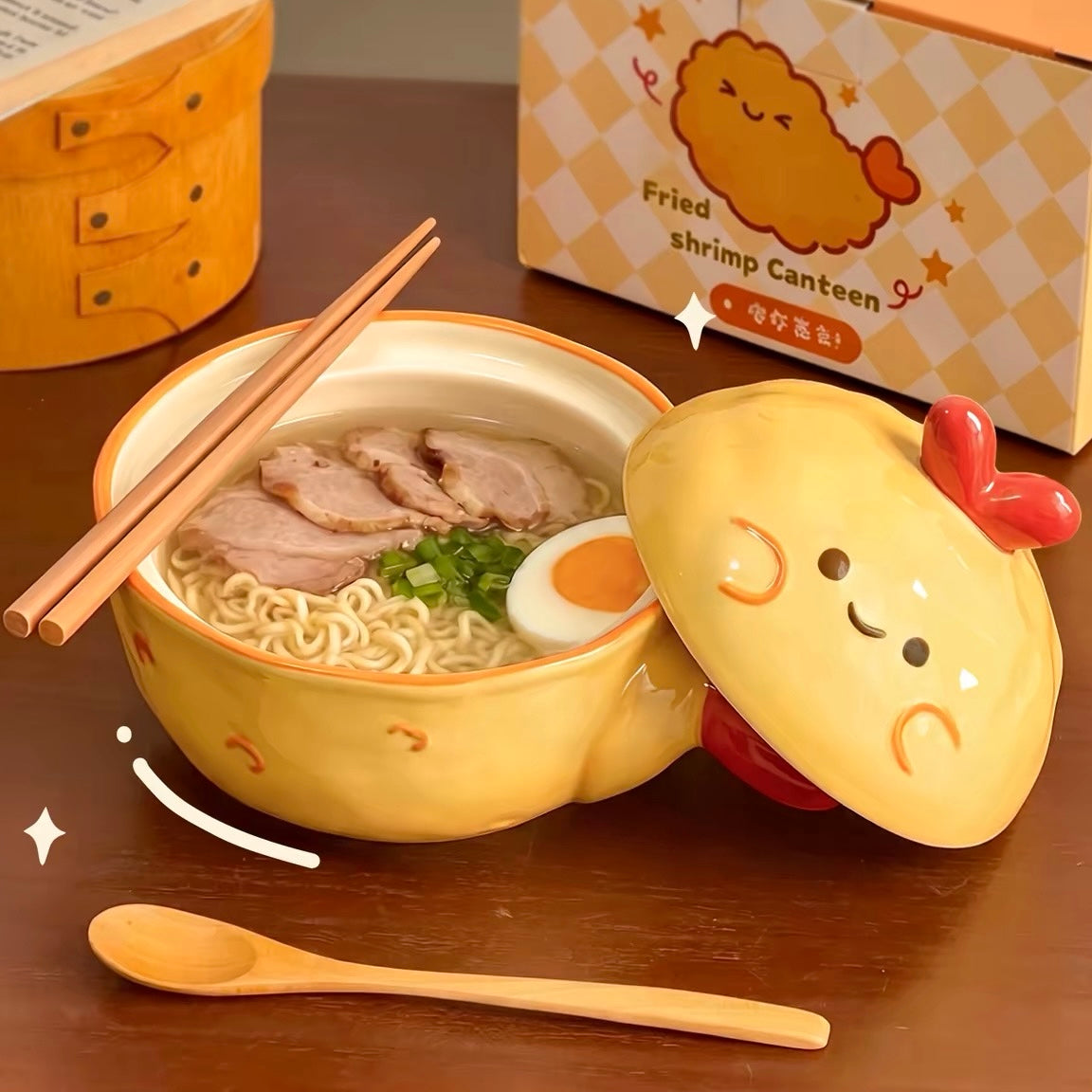 Fried Shrimp Ceramic Ramen Bowl with Lid – 700ML