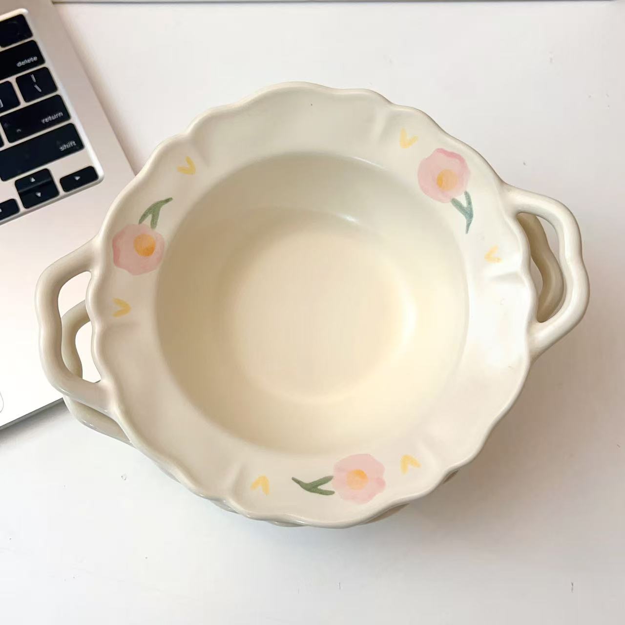 Creamy White Floral Ceramic Bowl with Handles, 250ML