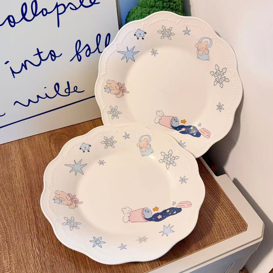 Snowflake Bunny White Porcelain Deep Plate - 8.9-Inch