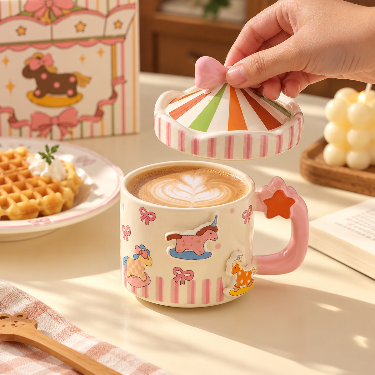 Cute Carousel Ceramic Mug with Lid - 300ML