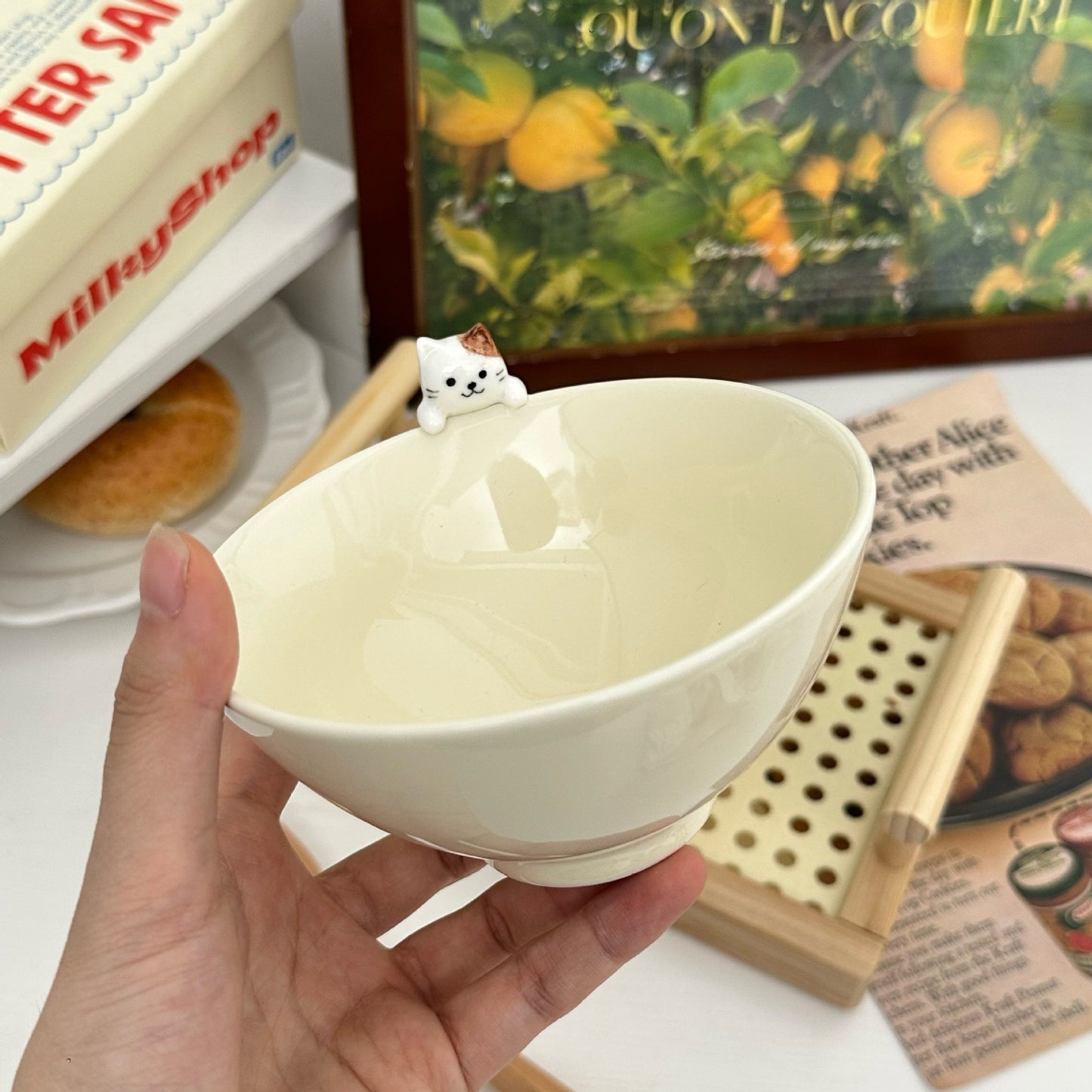 Hand-Painted 3D Cat Ceramic Bowl, 300ML Capacity
