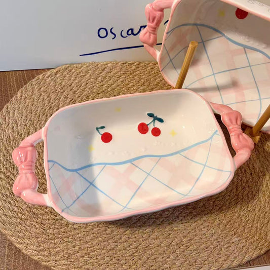Hand-Painted Pastel Pink Bow Handle Baking Dish, 800ML