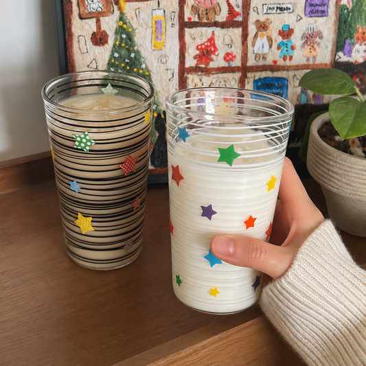 Colorful Star Stripe Glass Cup - 2 Styles, 500ML