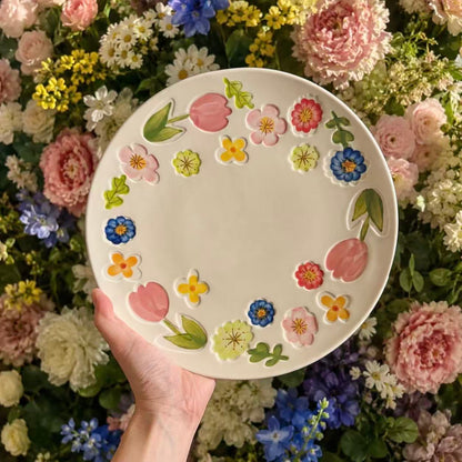 Hand-Painted Vintage Floral Ceramic Serving Plate, 10-Inch