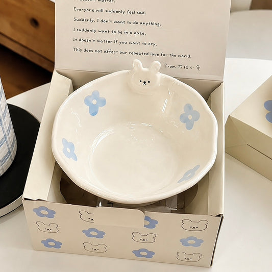 Hand-Painted Flower Bunny Ceramic Yogurt Bowl – 400ML