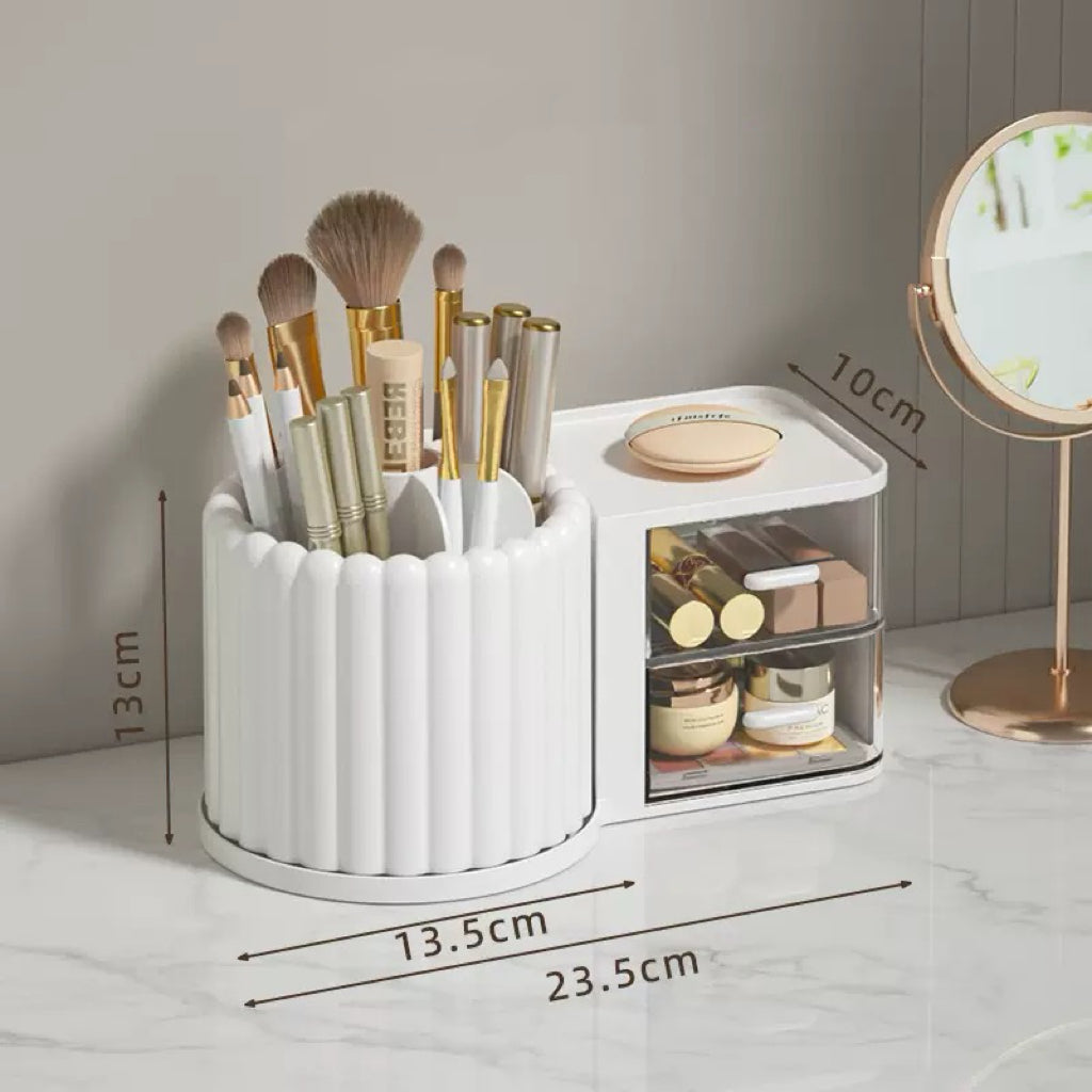 Cream Ribbed Rotating Pen Holder with Drawer Organizer - 2 Colors