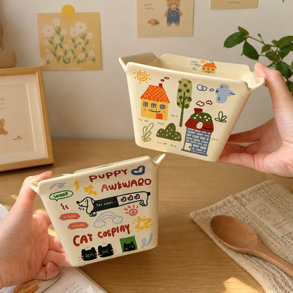 Kawaii Doodle Square Ceramic Snack Bowl – 800ML