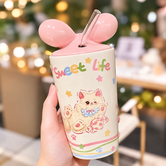Sweet Life Bow Cat Ceramic Straw Cup – 450ML