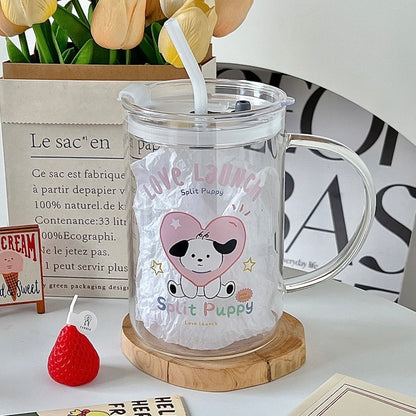 Lovely Puppy Glass Mug with Straw | Dishwasher Safe, 1000ML Capacity