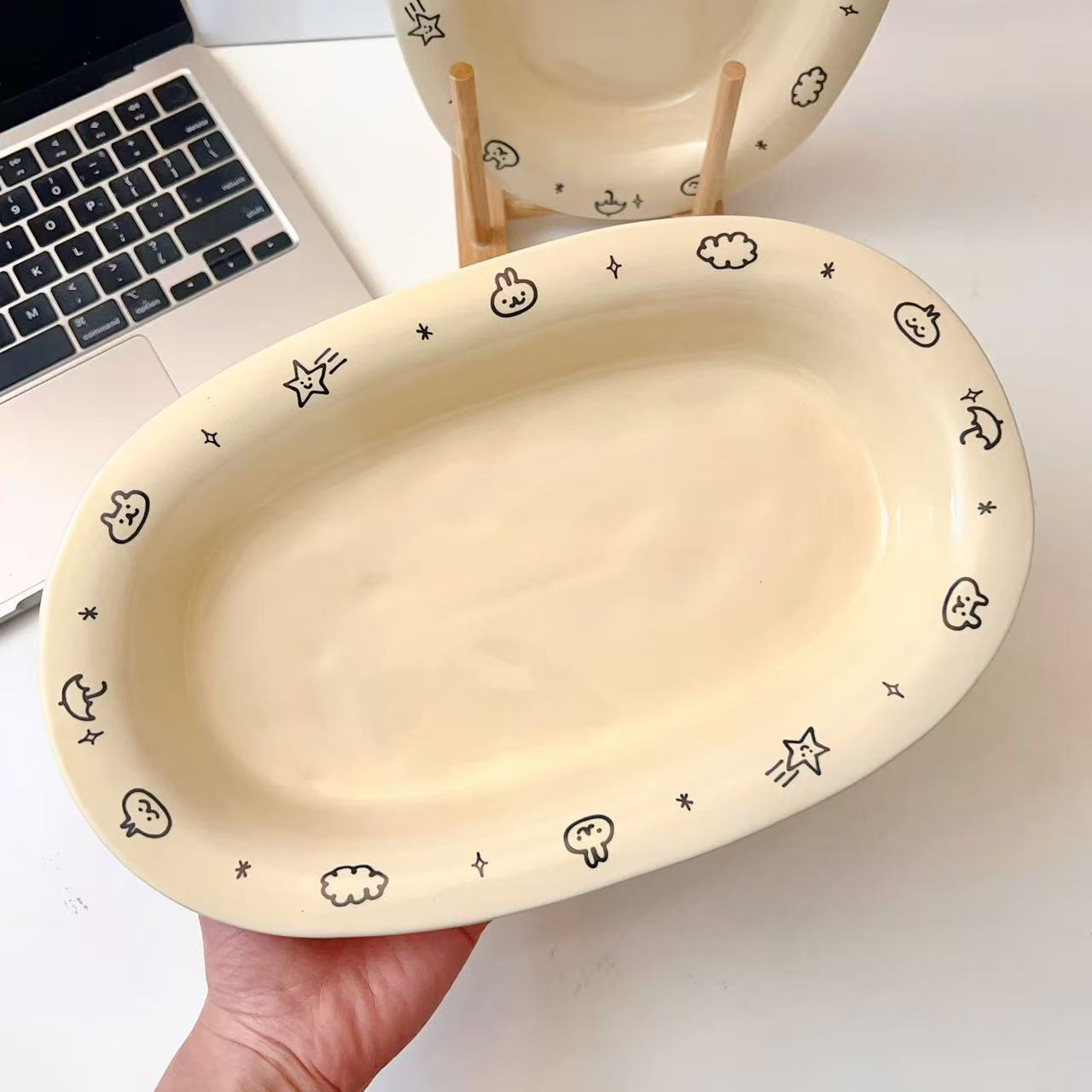 Cream Doodle Style Ceramic Oval Platter, 11-Inch