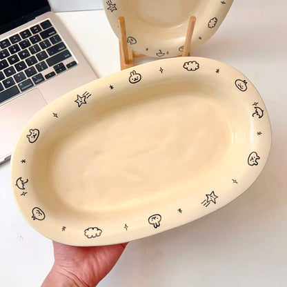 Cream Doodle Style Ceramic Oval Platter, 11-Inch