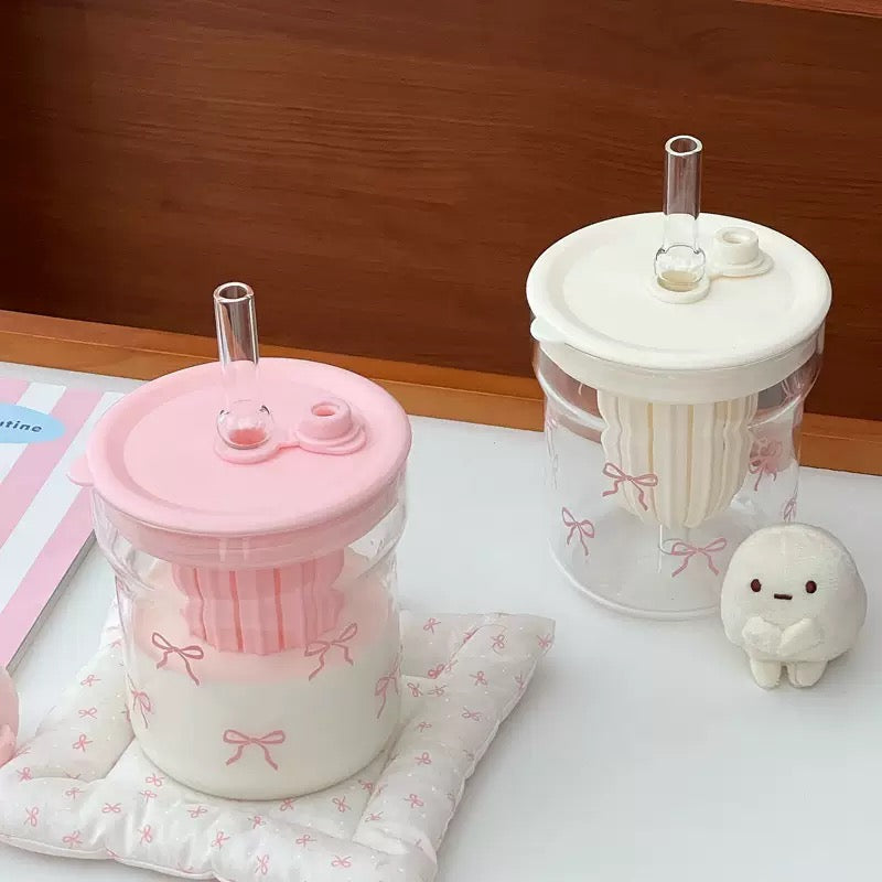 Coquette Bow Glass Cup with Straw – 500ML