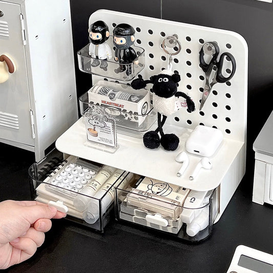 Creamy Style Pegboard Storage Drawer | Compact Organizer with 2 Drawers, 2 Hooks, and 2 Shelves