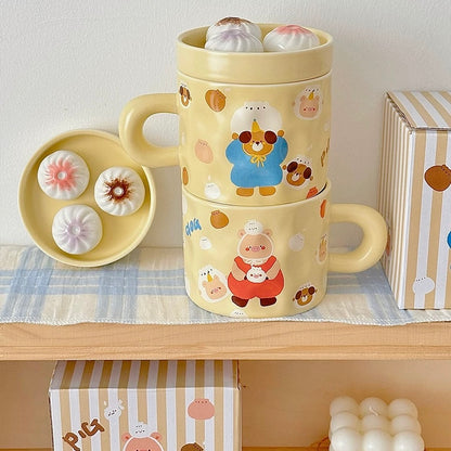 Cute Piggy Ceramic Coffee Mug with Soup Dumpling Lid – 300ML Capacity