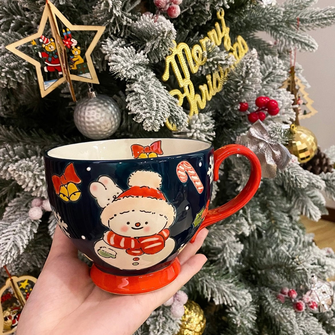 Hand-painted Christmas ceramic mug with Santa bear in red and snowman in navy blue, 500ML