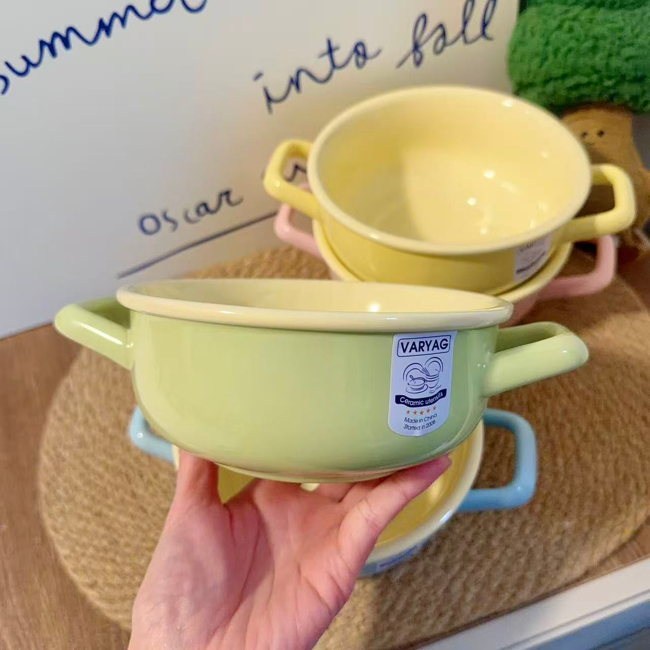 Pastel Color Ceramic Bowl with Handles - 650ML