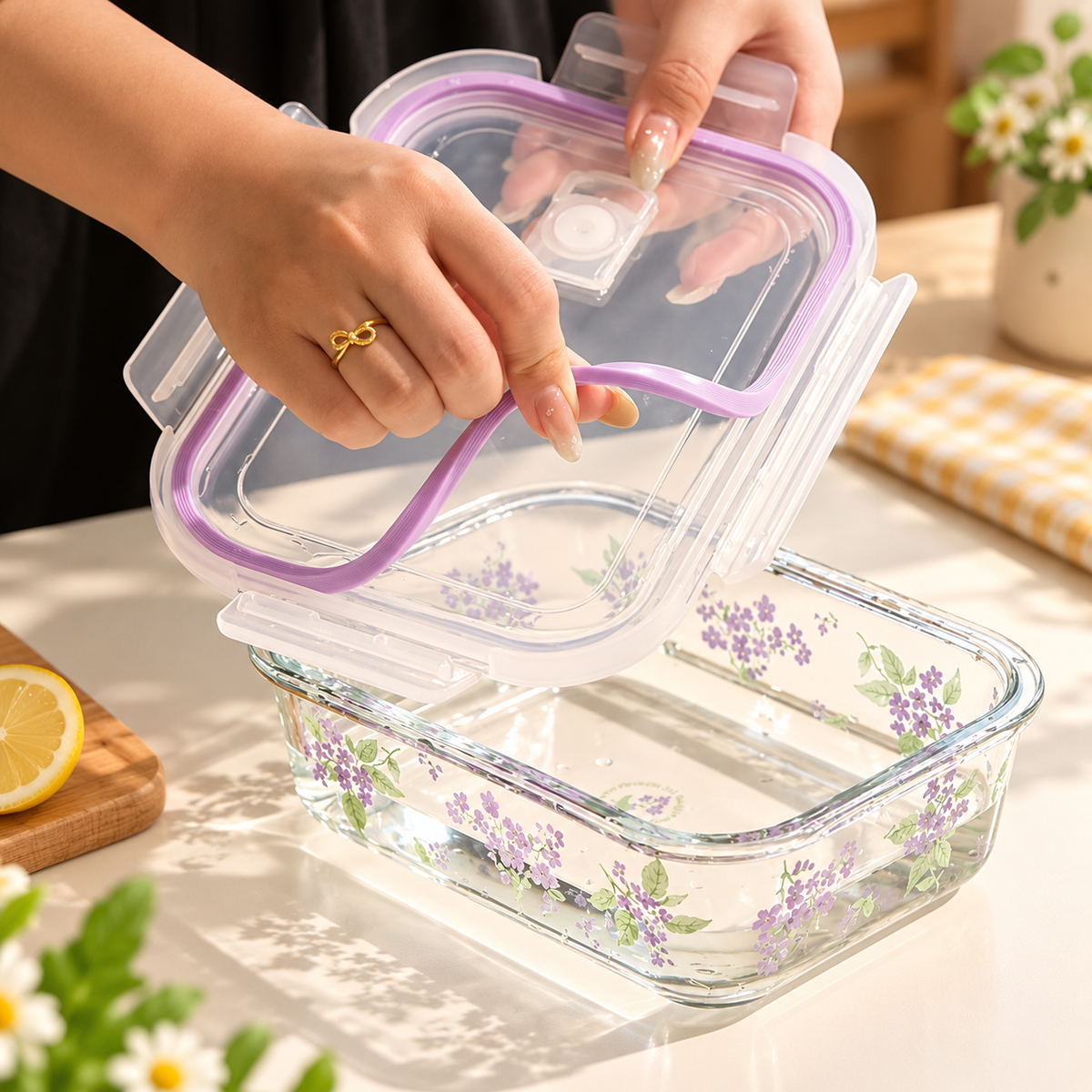 Purple Floral Glass Food Storage Container with Lid – 500ML / 850ML