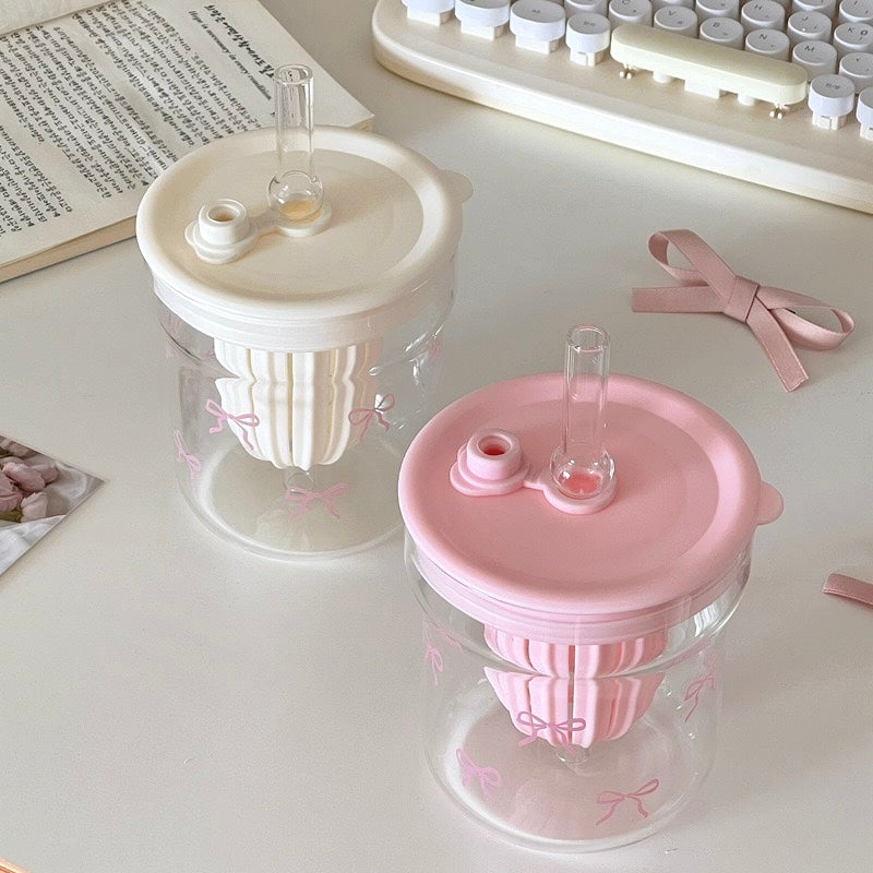Coquette Bow Glass Cup with Straw – 500ML