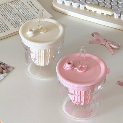 Coquette Bow Glass Cup with Straw – 500ML