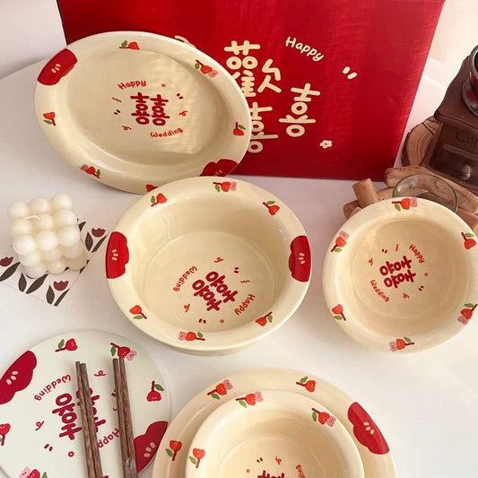 Double Happiness Wedding Ceramic Tableware Gift Set - Set of 8