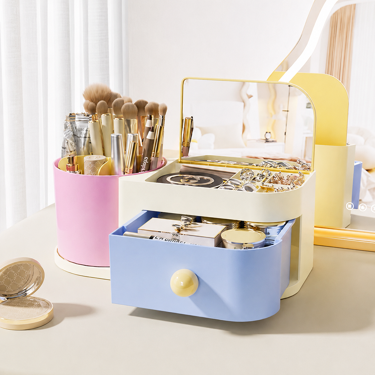 Pink & Blue Rotating Makeup Brush & Jewellery Drawer Organiser