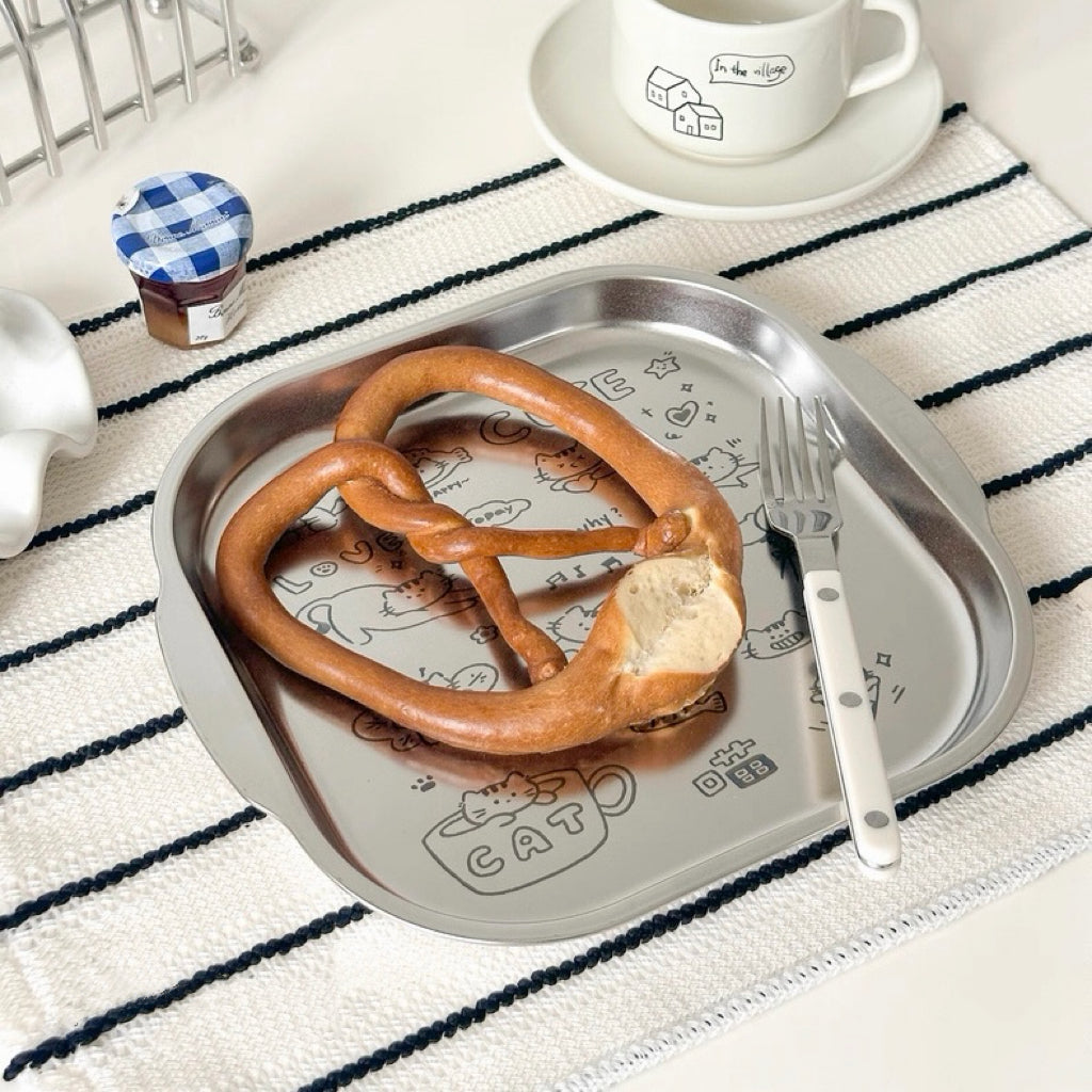 Cute Cat Stainless Steel Serving Tray with Handle, 8.5-Inch