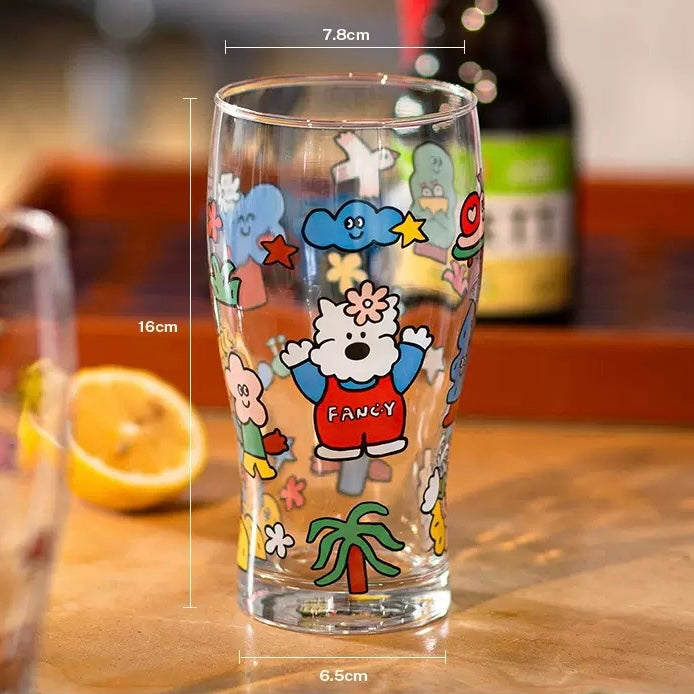 Fancy dog and panda glass beer cups with colorful cartoon design, 600ML capacity