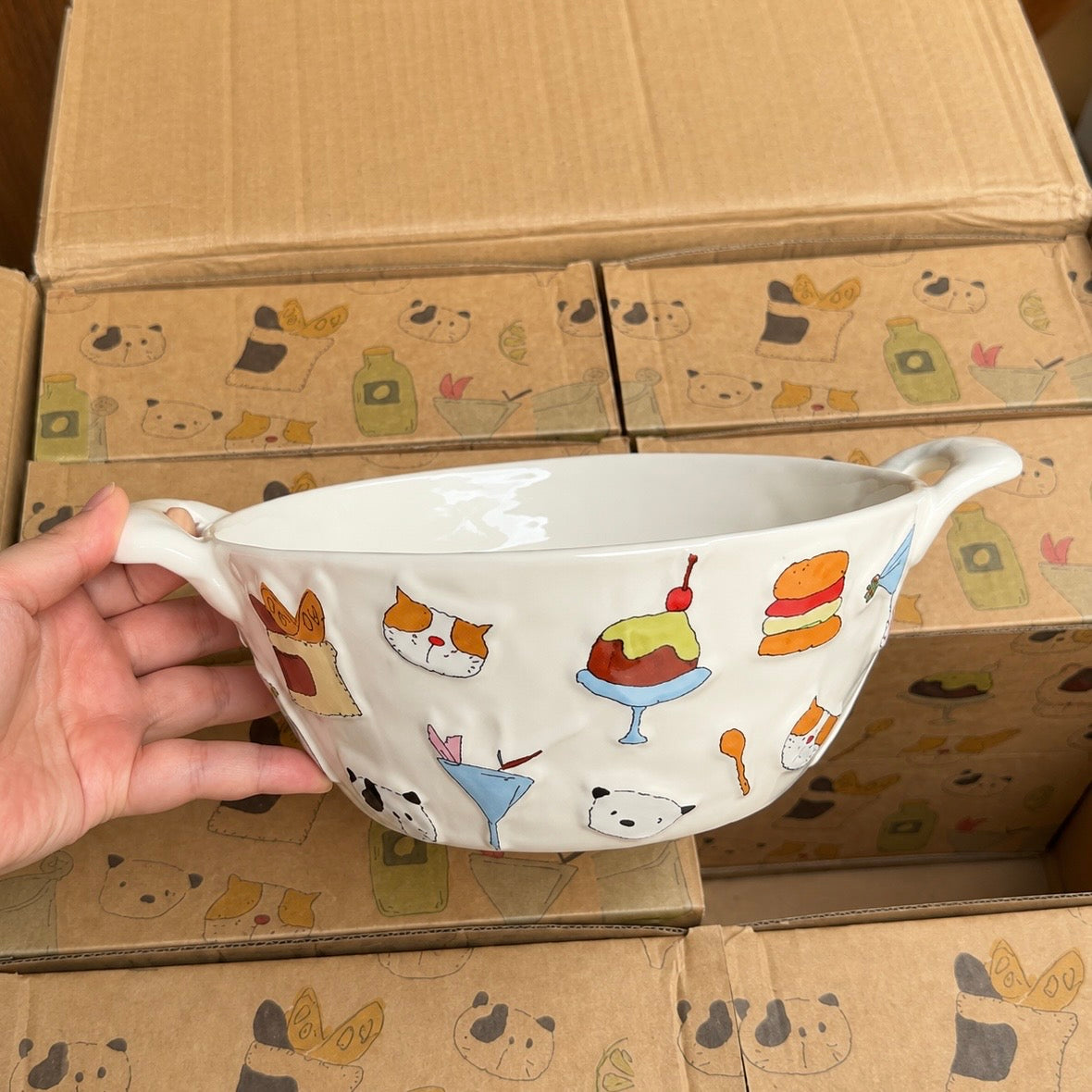 Embossed Doodle Cat Double-Handle Ceramic Soup Bowl – 1400ML