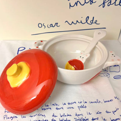 Tomato Bunny Ceramic Ramen Bowl with Lid and Spoon, 500ML