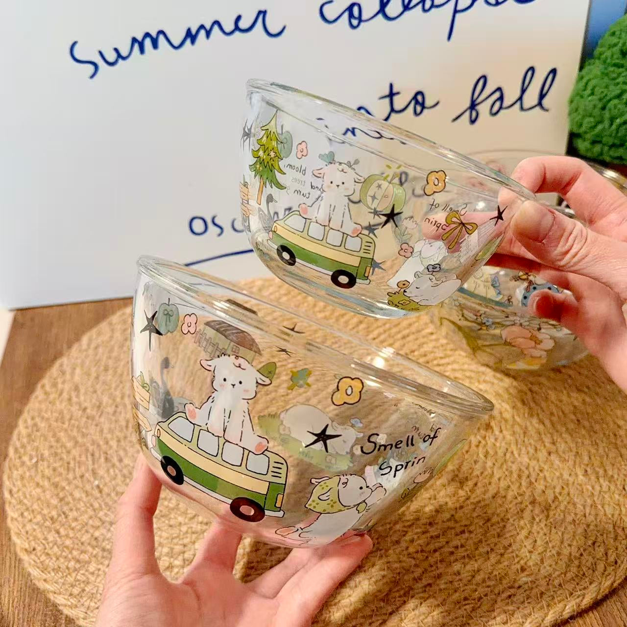 Cute Spring Doodle Glass Bowl - Microwave Safe, 350ML / 900ML