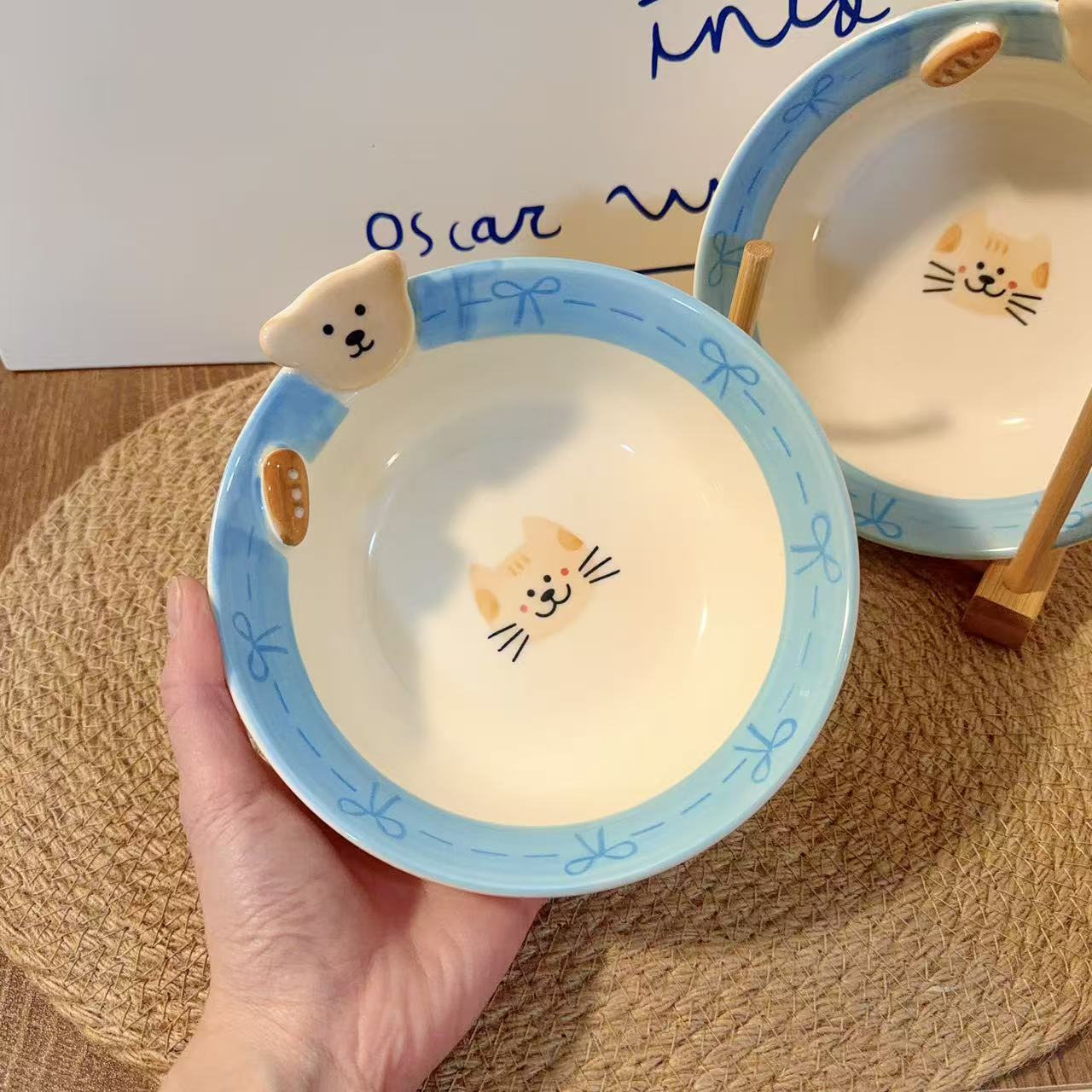 Hand-Painted Bow Bear Ceramic Soup Bowl - 600ML