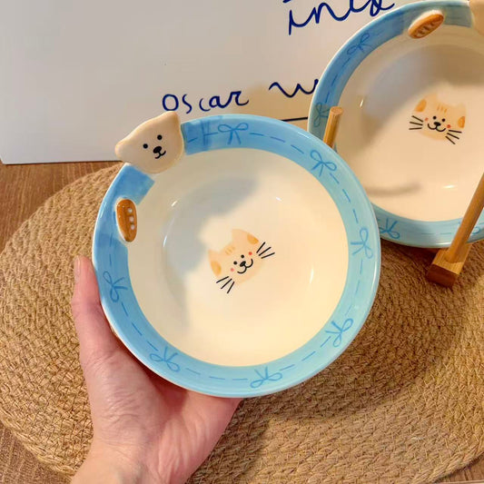 Hand-Painted Bow Bear Ceramic Soup Bowl - 600ML
